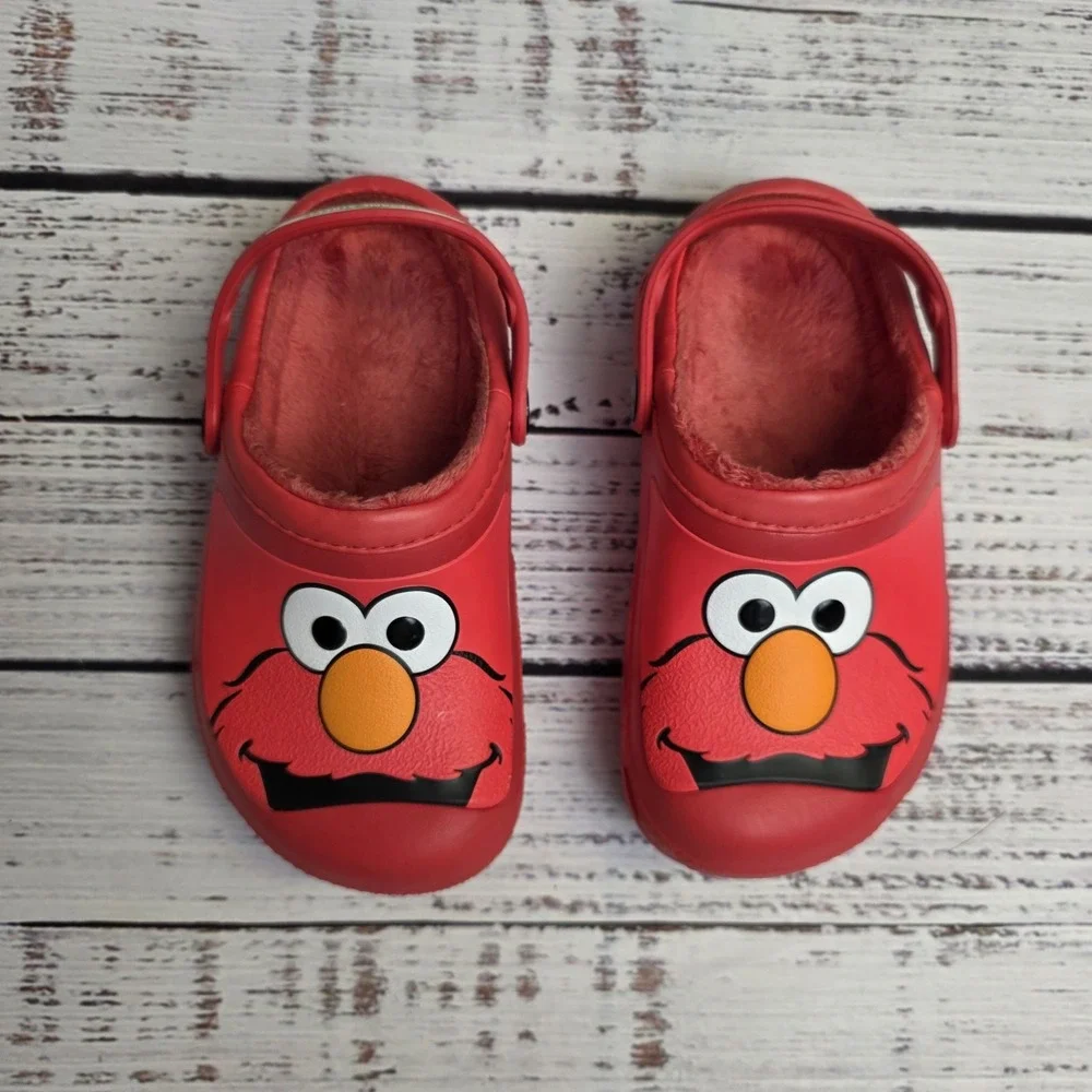Crocs Juniors‎ Size 1 Red Elmo Face Slip On Plush Lined Clog Shoes Sesame Street